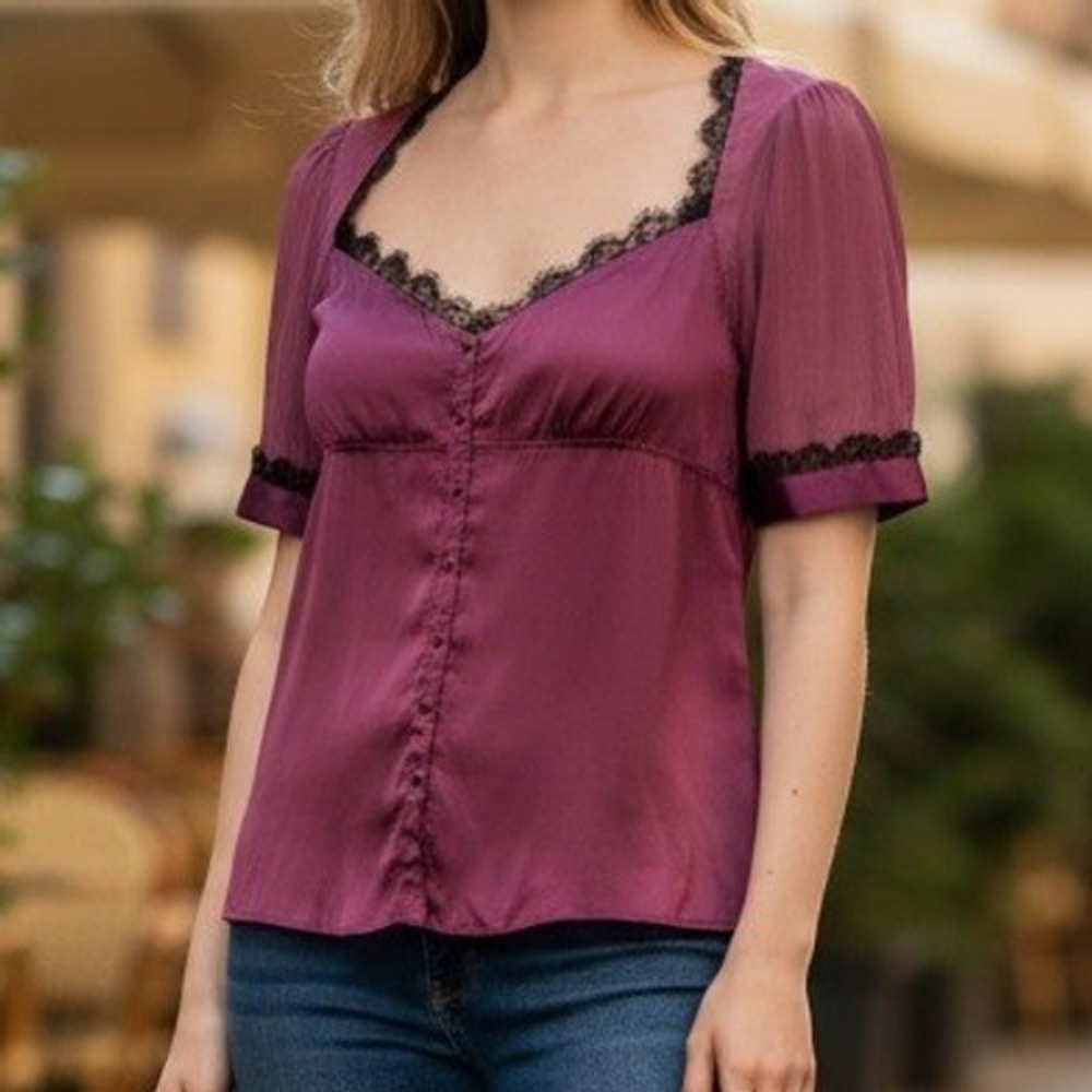 Elie Tahari Womens S Rhubarb Silk Blend Cynara Blouse Lace Trim Button Front Top